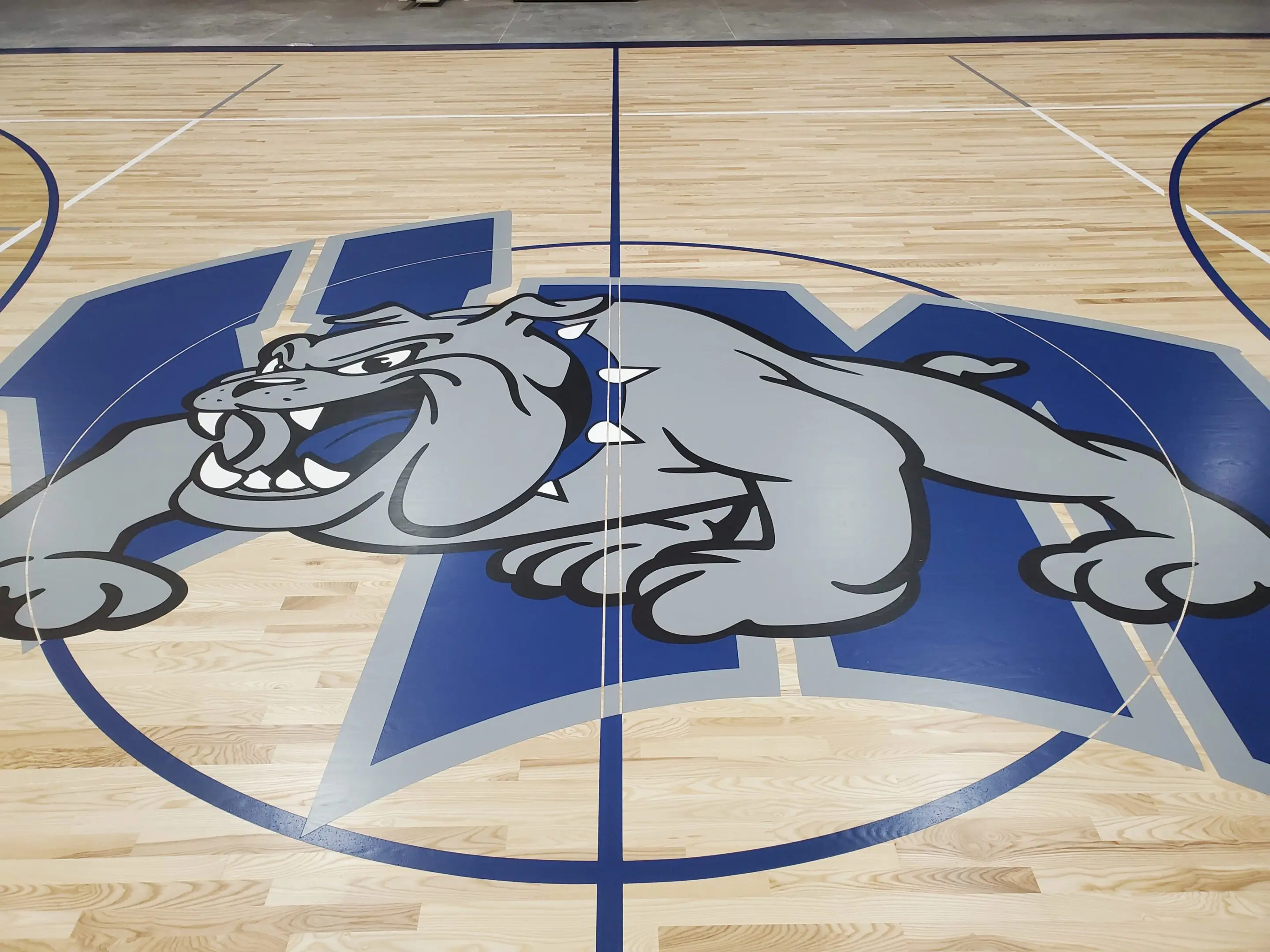 A close up of the floor with a bulldog logo