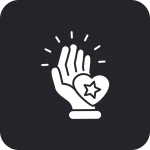 Icon of an open hand with rays above and a heart featuring a star inside it, set against a dark background.