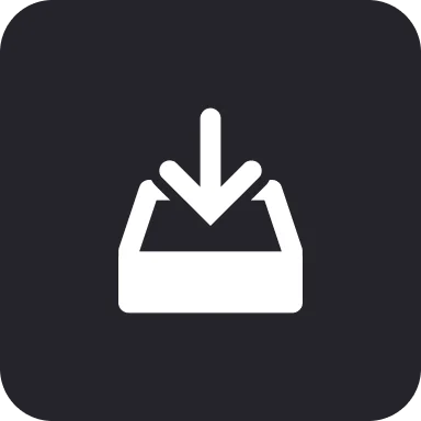 Frame 1618873776 (2) White download icon with an arrow pointing down into a tray, set against a dark background.