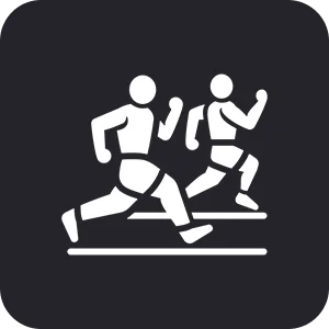 Track Running Surfaces Two stylized figures running side by side on a dark background, depicted in a simplistic, monochrome style.