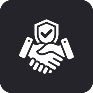 Icon of a handshake beneath a shield with a checkmark, symbolizing trust and security.